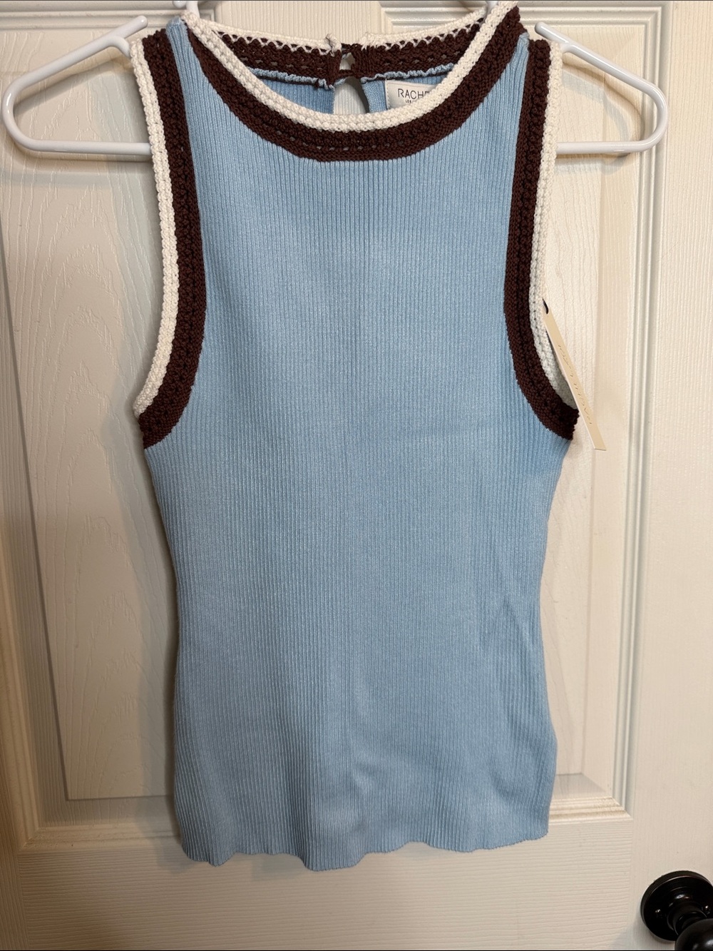 Rachel Zoe Sky Blue Ribbed Tank with Brown and Cream Trim